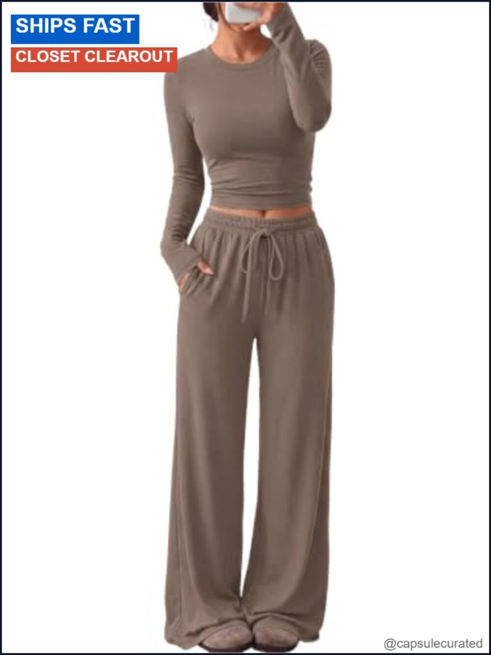 2 Piece Lounge Set Long Sleeve Crop Top Wide Leg Pants Casual
